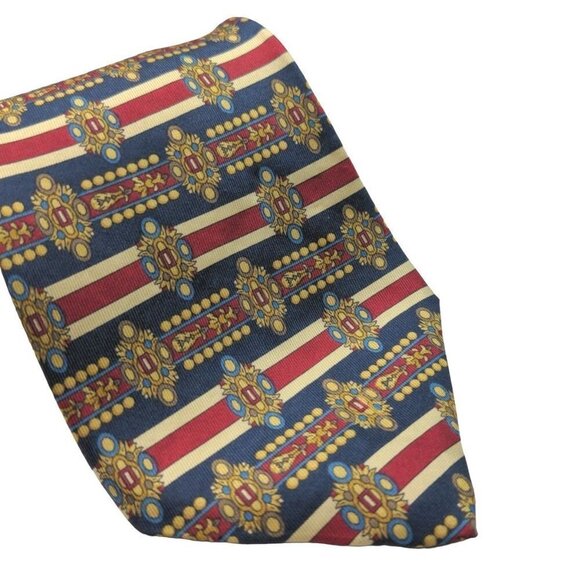 Tattersall Geometric Blue Gold Red White Novelty Silk Necktie - Picture 3 of 6
